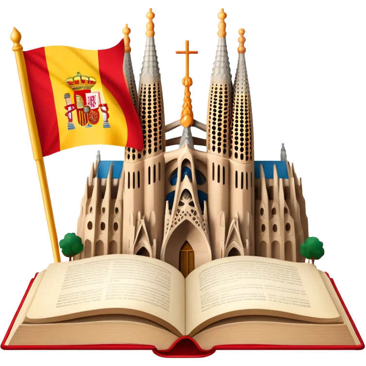 An icon featuring the Sagrada Familia and the flag of Spain, symbolizing the Spanish language. The design includes an open book with Spanish text and flamenco dancers, representing language learning and cultural heritage. Transparent background emoji