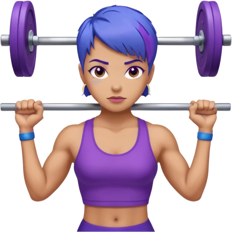 weight lift woman short blue purple har muscles bar is not growing from head emoji