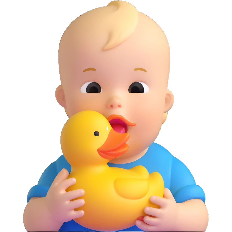 baby boy biting rubber duck toy emoji