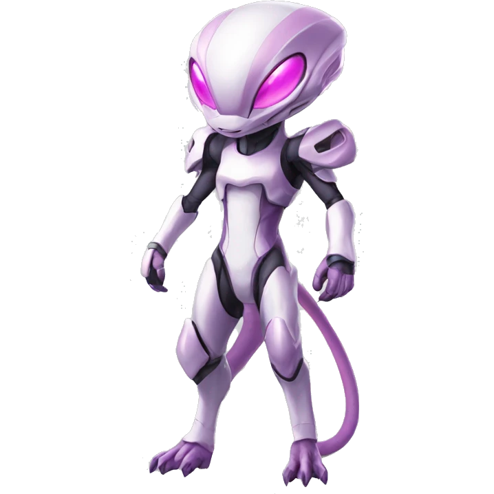 White Anthro-Lizard-Alien-Genesect-Mewtwo-Fakémon, with pink eyes, with a futuristic visor-helmet, wearing a techwear-suit, Full Body emoji
