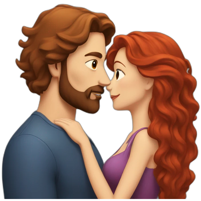 a bearded man with dark hair kissing a woman with long red hair emoji