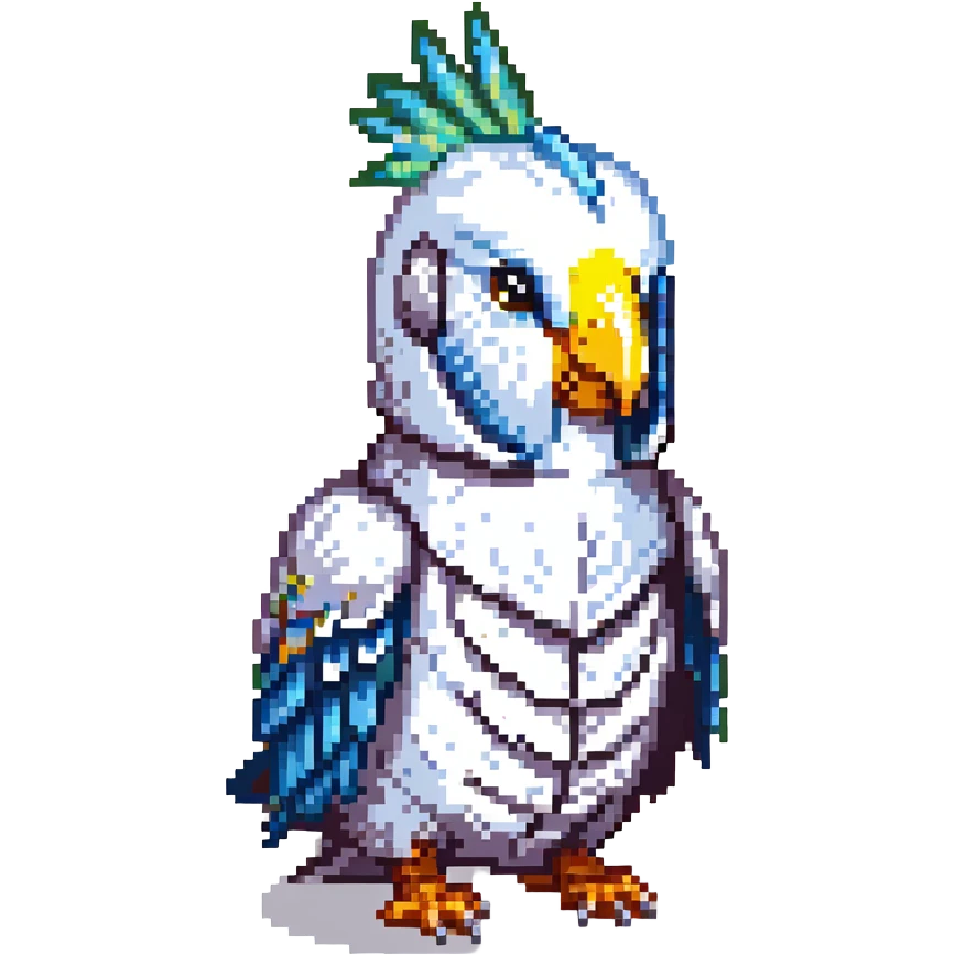 pixel art style cute budgie in a metallic knight helmet, bright feathers emoji