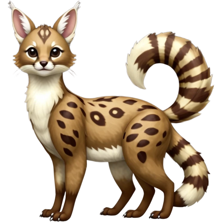 Colorful dark realistic chocolate-brown tropical beige fur glorious divine exotic cute cool beautiful shiny beautiful fantasy-Furret-Eevee-caracal-civet-genet-sergal-vernid-Cacomistle-oncilla-animal-Fakémon-hybrid-fursona with white deer-spots pattern markings (full body) emoji