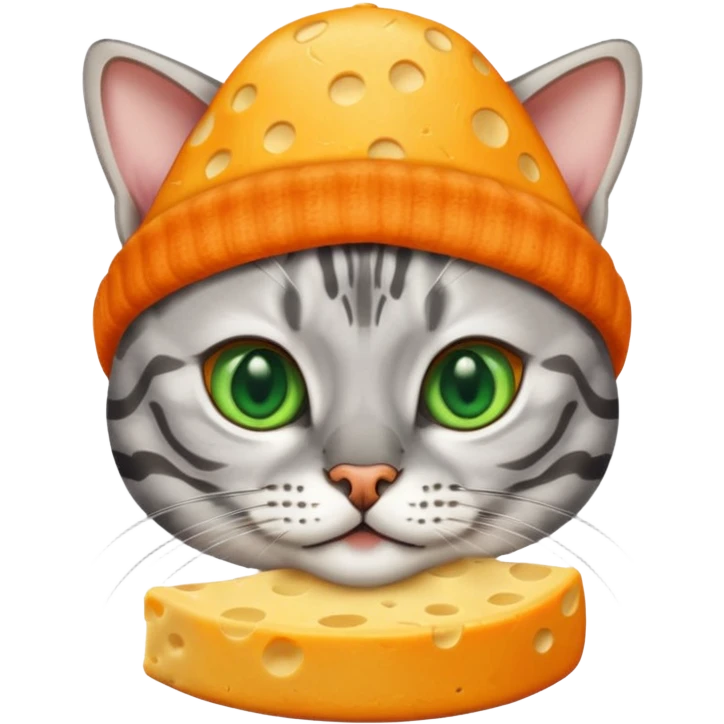 Sliver bengal cat with green eyes wearing a cheese hat emoji