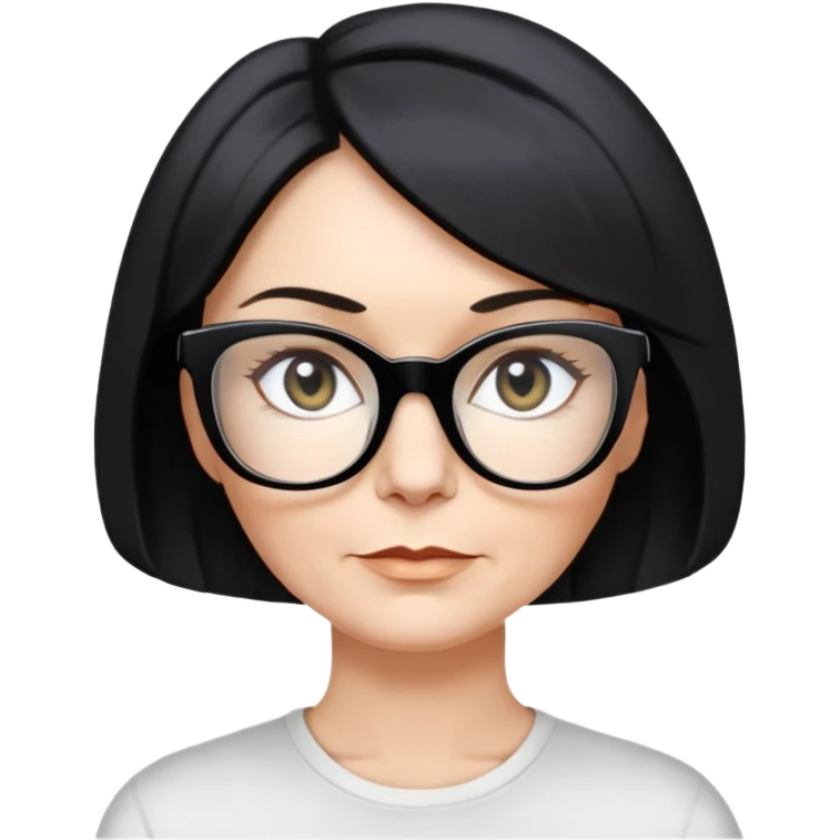 white woman about 50 years old with light warm skin, short black bob haircut to neck with slight waves at ends, neutral determined expression, large black shiny butterfly or cat-eye glasses, white casual t-shirt, calm and creative energy emoji