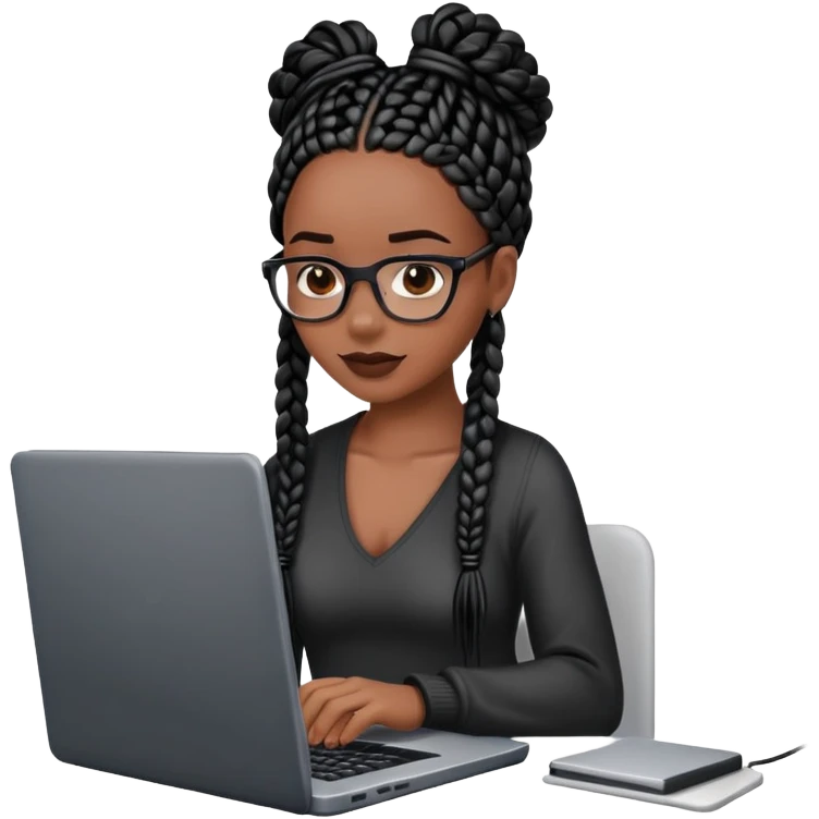  A dark Black woman with black box braids sitting behind a laptop, typing or looking at the screen. emoji