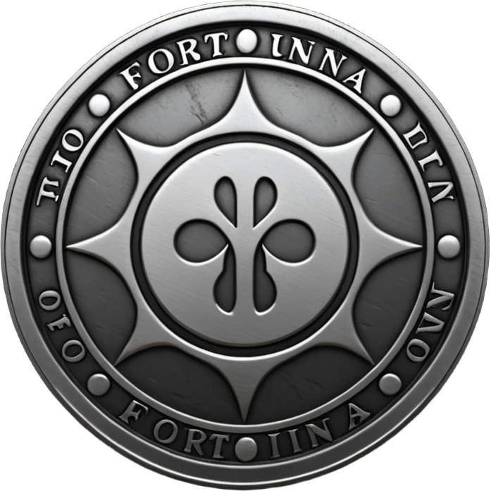 Minimal emoji, gothic metal coin made of black steel, engraved word FORTUNA at the center, ancient industrial aesthetic, worn metal texture, no glow, no neon, flat emoji design, centered, transparent background emoji