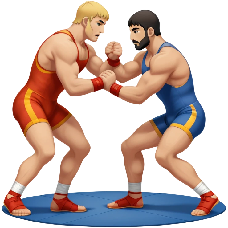An icon symbolizing Greco-Roman wrestling, showing two wrestlers locked in a powerful grip, focusing on upper-body techniques. The background features a wrestling mat, with the athletes wearing traditional singlets. Transparent background highlights the strength and skill of the sport. emoji