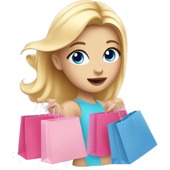 cute blonde with blue eyes surrounded by pink shopping bags emoji