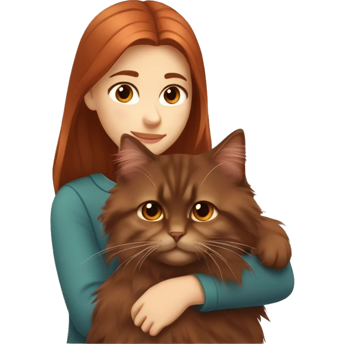 Copper red straight haired girl with brown eyes hugging Dark Brown Siberian cat emoji