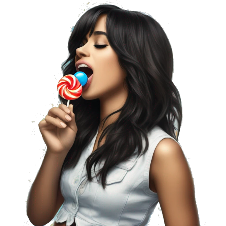 singer Camila Cabello in her CXOXO album cover, licking a blue lollypop emoji