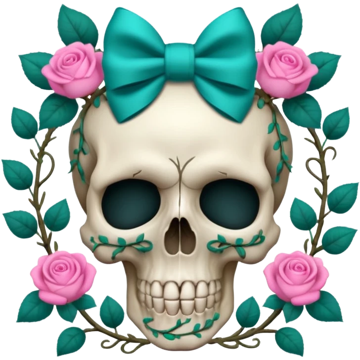 Skull with Pink bow with vines and teal roses emoji