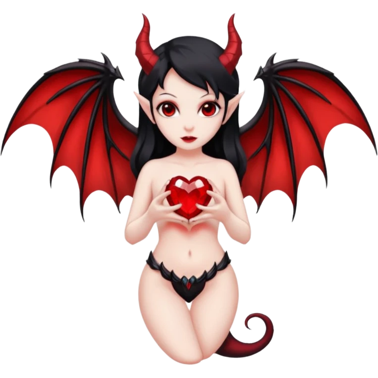 small black succubus wings, cryhstal heart red, succubus tail emoji
