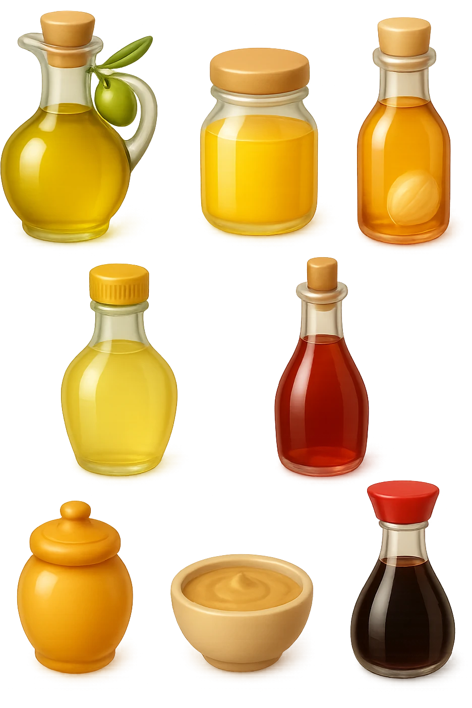 emoji stile iphone 3d di questi elementi che fluttuano in aria:

Olio extravergine d’oliva, burro chiarificato
Olio all’aglio (senza pezzetti)
Aceto di vino, aceto di riso, senape, tahin
Salsa di soia fermentata (senza aglio/cipolla)


 che fluttuano sparse casualmente in aria, iperealistico 4k emoji