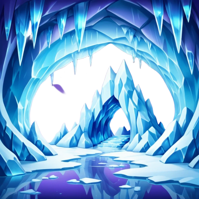 A breathtaking ice cave glowing with blue light, featuring smooth, curved walls made entirely of translucent ice. The interior reflects shimmering shades of blue and purple, with natural light filtering through the frozen surface. Realistic detail, cinematic lighting. emoji