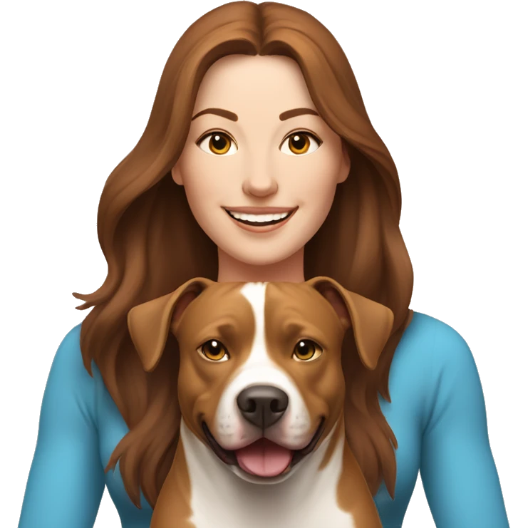 white woman with long brown hair expressing joy dressed in a yoga outfit alongside a pitbull dog emoji