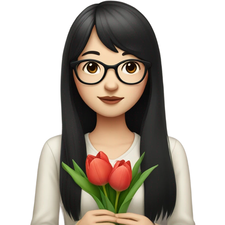 asian pale skin girl with long black hair and bangs and glasses holding tulips emoji
