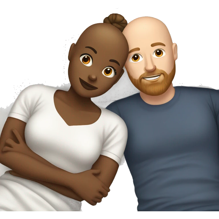 Bald brown woman and bearded white man with a top knot laying in bed together  emoji