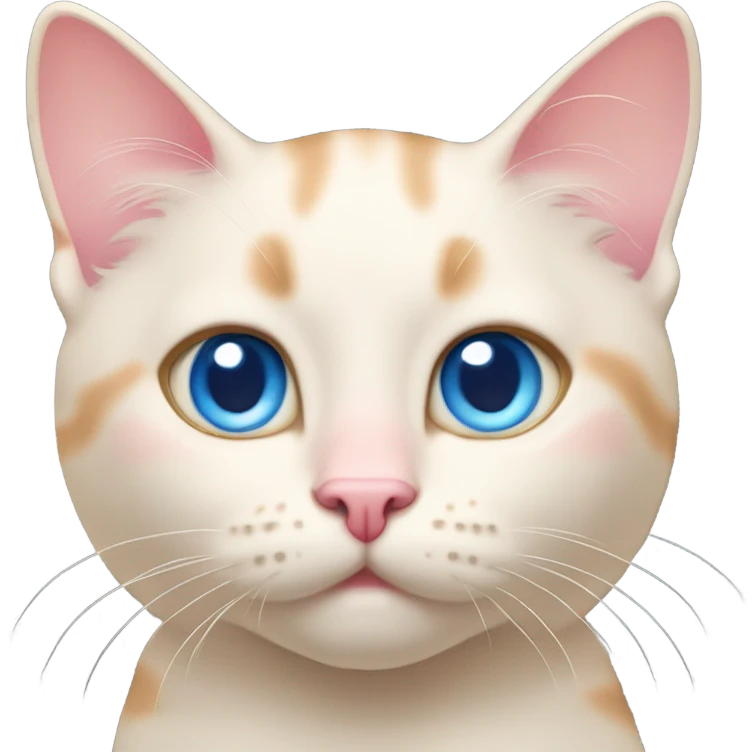 The face of a cream colored kitty with blue eyes, light orange marks and bright pink nose emoji
