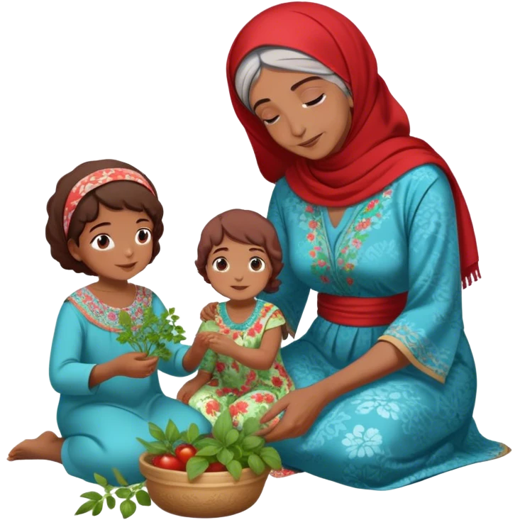 intergenerational moment between a Arab grandmother and her granddaughter, deeply rooted in tradition. The young woman, dressed in a beautiful blue kaftan, sits on the floor carefully picking fresh herbs or greens, while the grandmother, wearing a red headscarf and floral dress, gently guides her. emoji