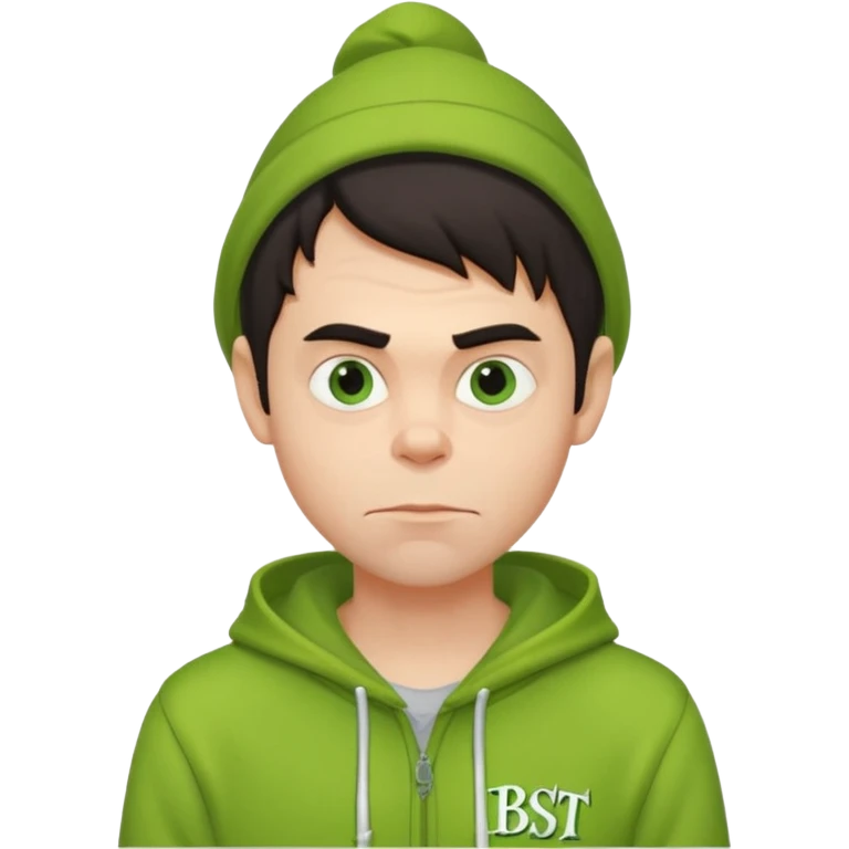Create an avatar of white European with dark hair  male in hoodie with ``BST`` letters on it. Make background to look like from movie Grinch emoji
