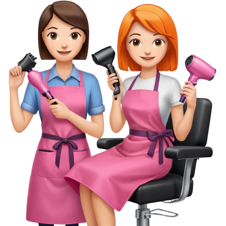 smiling woman client in pink apron sitting in salon chair, female hairstylist smiling behind her with orange apron, holding a hairdryer in right hand emoji