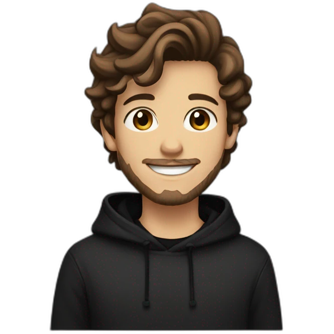 young man with short beard smiling medium long rockabilly style brown hair with light skin and dark brown eyes wearing black sweatshirt hoodie emoji
