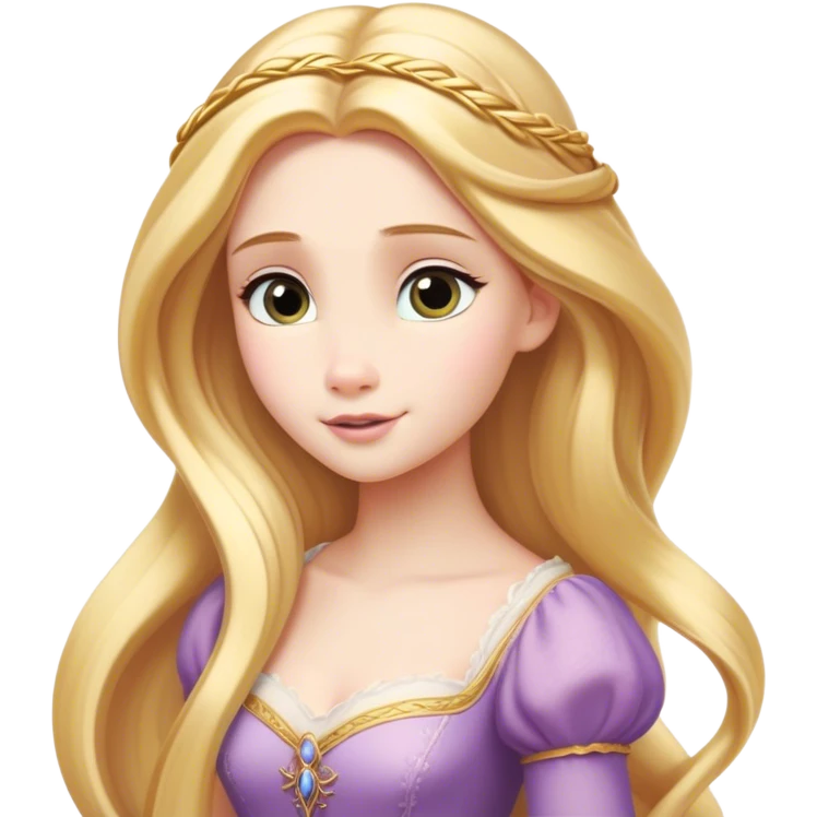 Cinematic Timeless Rapunzel Portrait Emoji, rendered in a clean, vector style. Depict Rapunzel with porcelain skin, beautifully styled long golden hair, and a serene, graceful expression, dressed in her classic gown. The design features bold, clean lines, a soft, magical glow, and a subtle glowing outline that captures her timeless, fairy-tale beauty. emoji