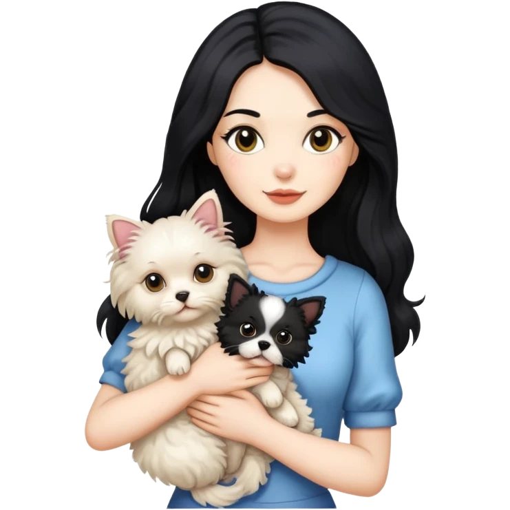One Lady with long black hair, holding 2 animals -a Ragdoll cat and a small poodle dog emoji