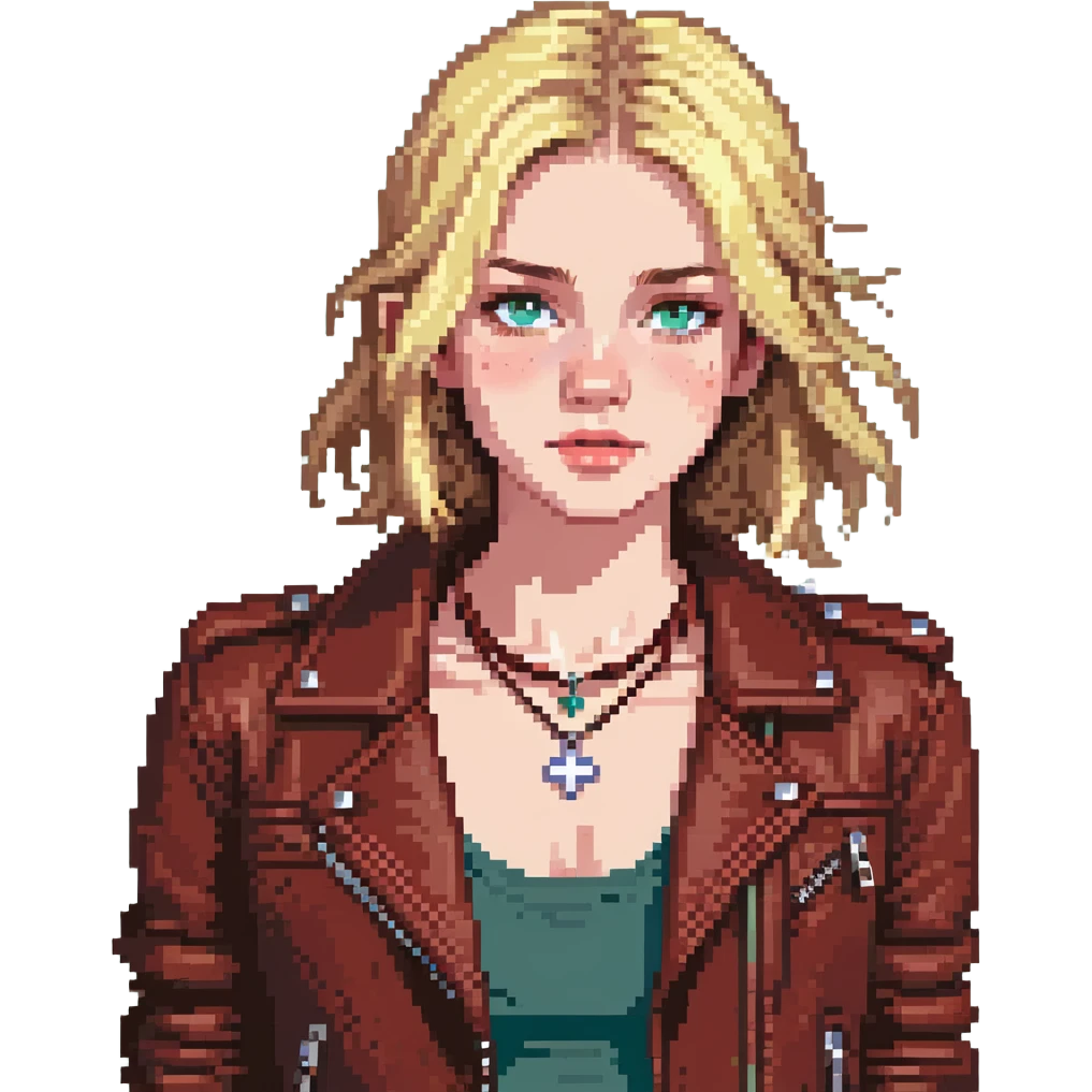 14-year-old girl with choppy blonde hair, longest layers to armpits, shortest at mouth, middle part, light freckles, blue eyes, slightly defined cupid's brow, tight dark red top, brown leather jacket, necklaces emoji