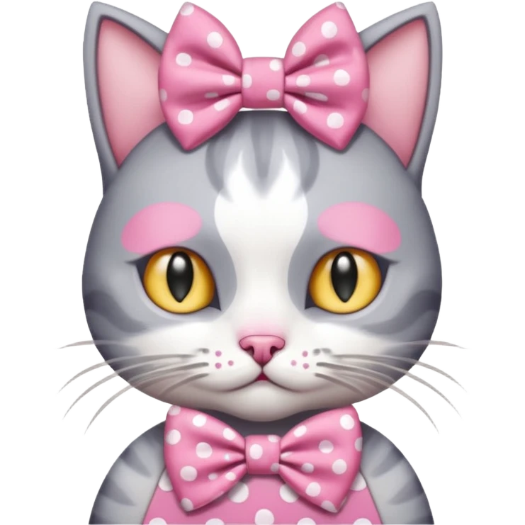 Evil Gray and white evil cat with a pink polka dot dress and with a pink polka dot bow on the Head cute emoji