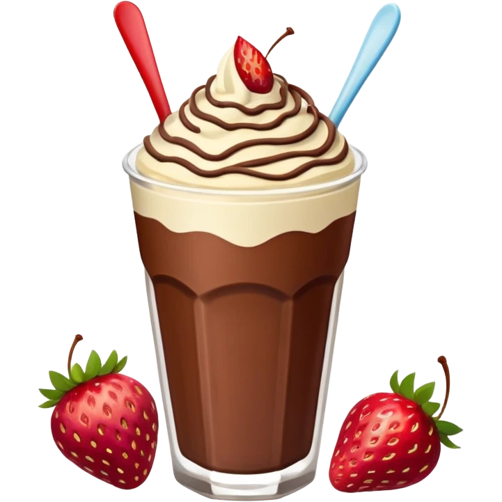 Un vaso cubierto de chocolate que arriba se vea crema batida fresas y mym emoji