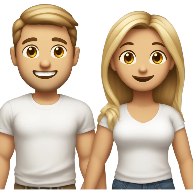 A couple of friends. One light brown girl with dark blonde long hair and and her chubby warm white skin male friend with a side left hair and a. Both with white tshirts and close to each other and happy. Be a cute emoji and just from the shoulders above   emoji