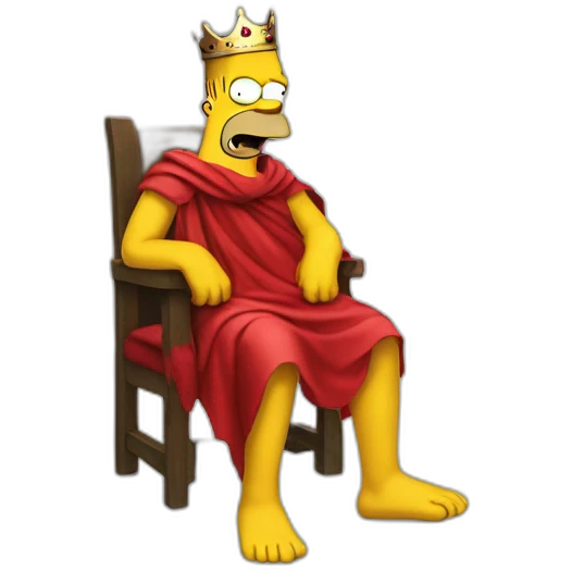 Half body portrait of homer simpson wearing a red cloth and a crown and sitting in a thorn emoji