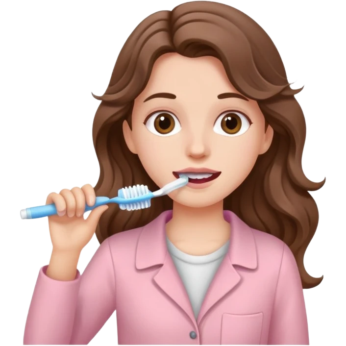 A white girl with long brown wavy hair in pale pink clothes brushes her teeth emoji