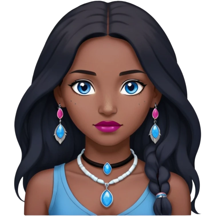 woman katara native american blue eyes dark skin freckles dark black long hair reddish pink lipstick choker necklace with sapphire pendant emoji