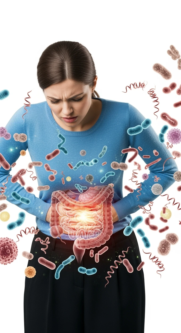 DONNA CON MAL DI PANCIA E INTESTINO UMANO ANATOMICO VISIBILE, BATTERI INTESTINALI FLUTTUANO INTORNO, IPERREALISTICO 4K, SFONDO BIANCO emoji