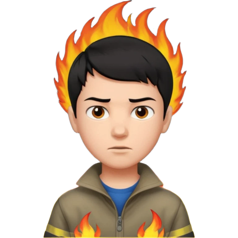 boy with short black hair, fire, risk-taker, realist emoji