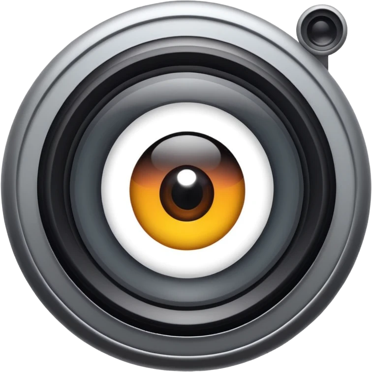 Minimalist emoji-style sticker of a wide camera lens with a human-like eye inside. Gray tones with strong contrast. emoji