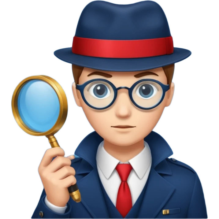 A secret agent holding a magnifying glass and code cards, spy theme, detective style, mysterious atmosphere, red and blue color scheme emoji