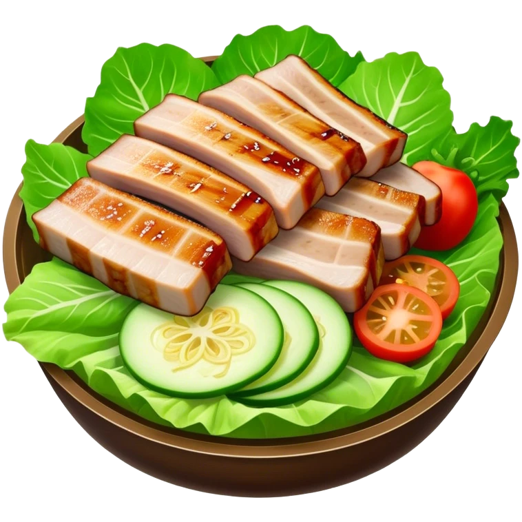 Samgyeopsal Cinematic Realistic Samgyeopsal Dish Emoji, depicted as slices of grilled pork belly served in crisp lettuce leaves with assorted fresh vegetables, rendered with dynamic textures and appetizing, natural lighting. emoji
