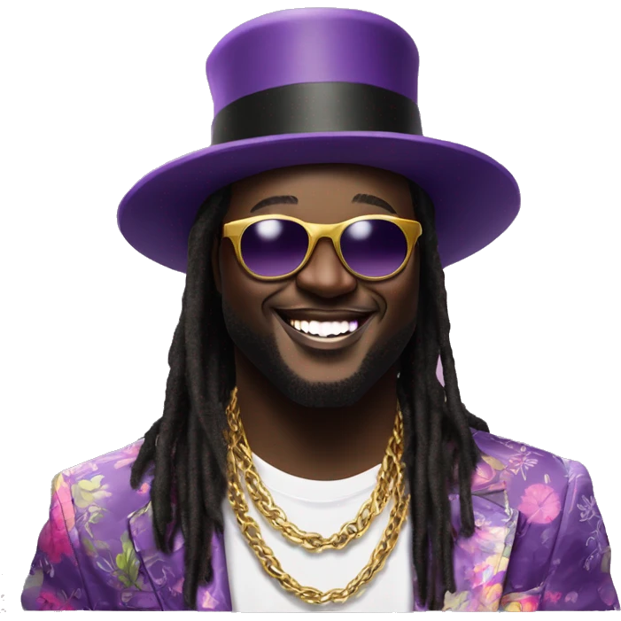 T-Pain: A charismatic figure in a purple top hat, floral jacket, sunglasses, and gold-toothed grin. Long dreads, white tee, and chain complete the look. Fun and approachable, they’re pure party energy. emoji