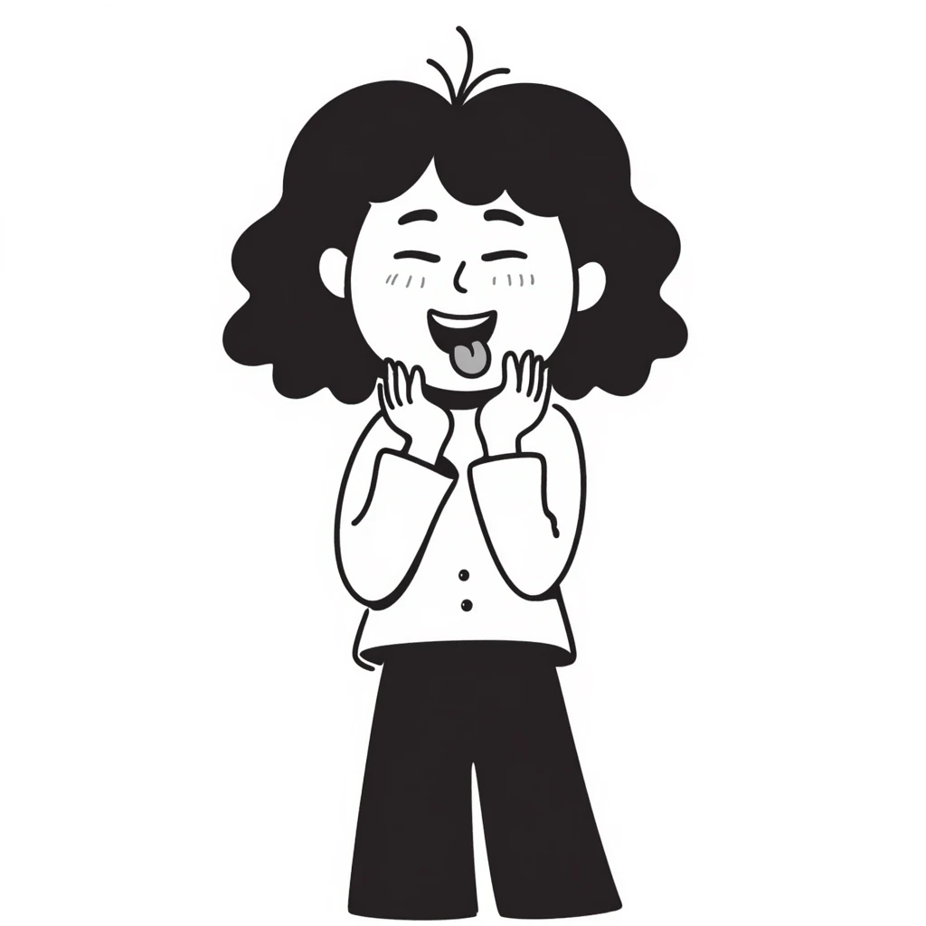 girl with her hands wrapped around her own neck, laughing, tongue out emoji
