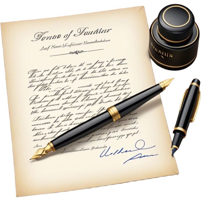 Icon for Autograph Collecting: a signature on a piece of paper with a vintage fountain pen beside it, and a collection of autographed photos or memorabilia in the background. The icon should convey the passion for collecting famous signatures. Transparent background. emoji