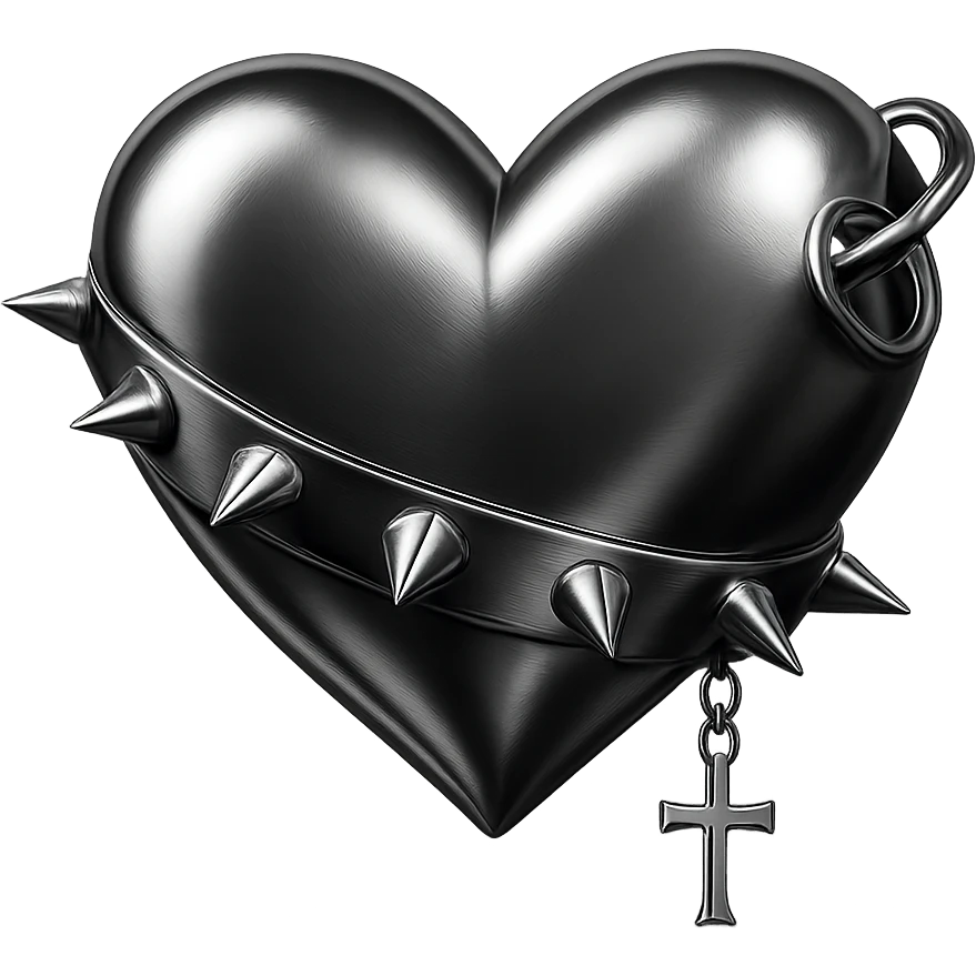an orange heart with goth accessories, chrome style, shiny and metallic emoji