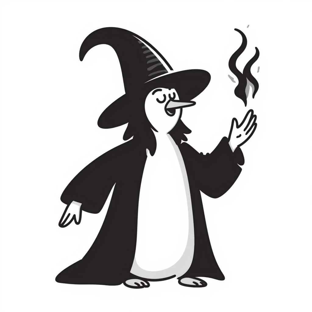 penguin wizard casting a spell, hand-drawn doodle style emoji