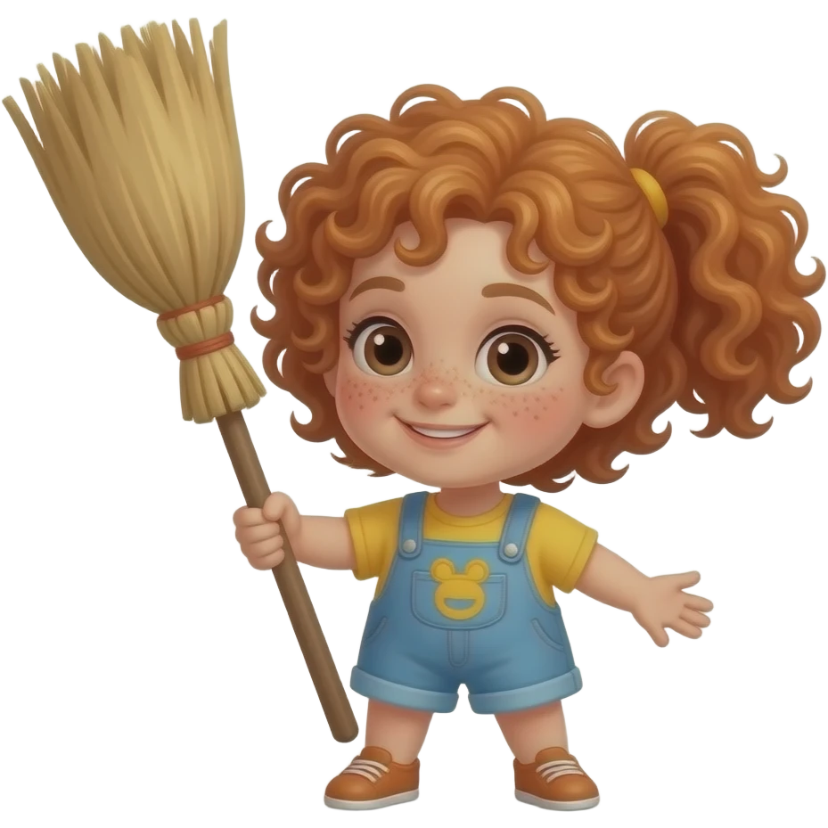 Fille rousse bouclés tâches de rousseur balai emoji