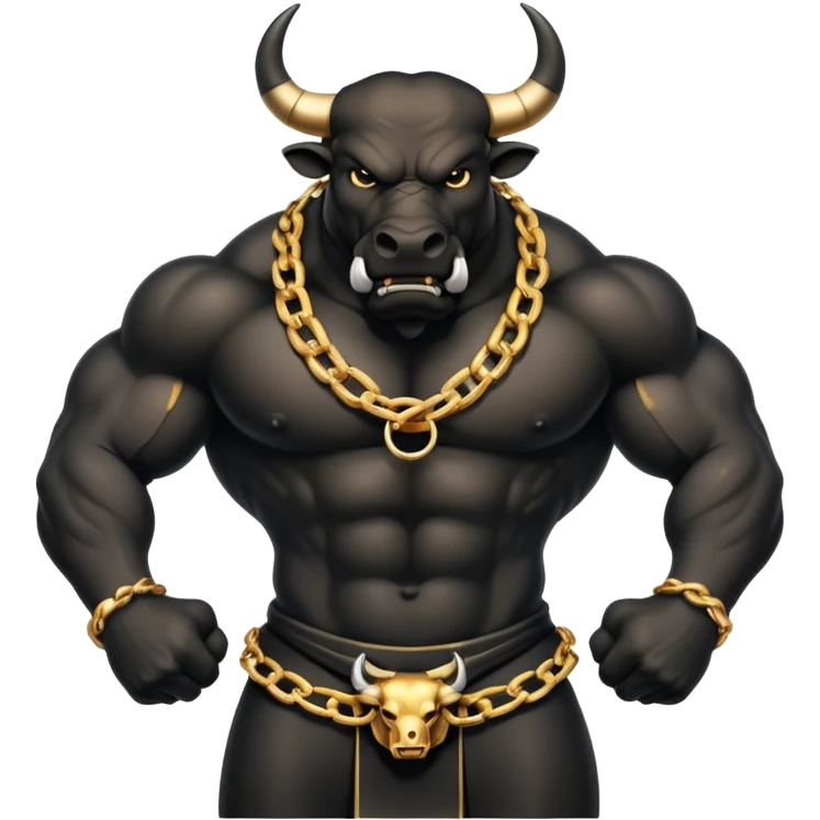 The emoji is an angry black powerful bull with steam coming out of its nose and a gold chain hanging from its neck with the inscription - bull run emoji