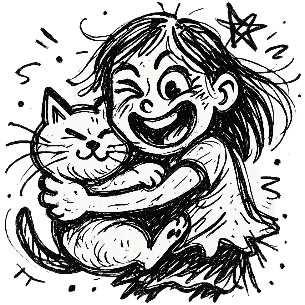 a beautiful girl hugs a cat tightly with exaggerated expressions emoji