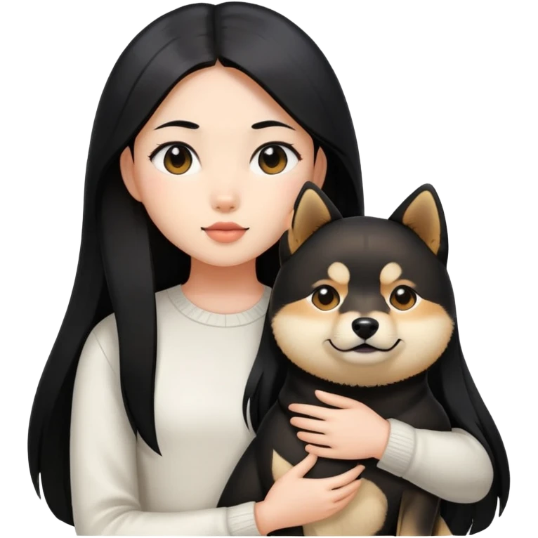 A girl with long black straight hair holding a black Shiba Inu emoji